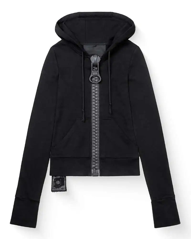 Y2K Vintage Giant Zipper Zip Up Hoodie Women Harajuku Slim Fit Cropped Sweatshirts Long Sleeve Chunky Zip Outerwear Streetwear